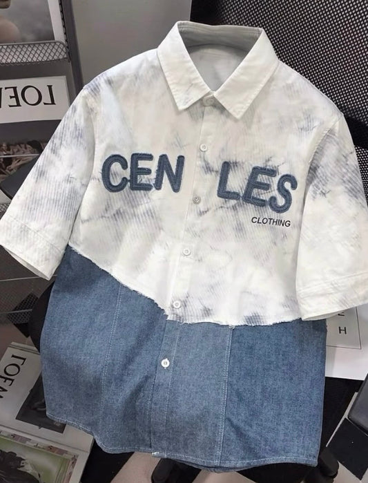 VOGUE DESIGN CENLES Cream Colour With Blue Denim Half Sleeve Drop Shoulder Imported Men’s Shirt 2723