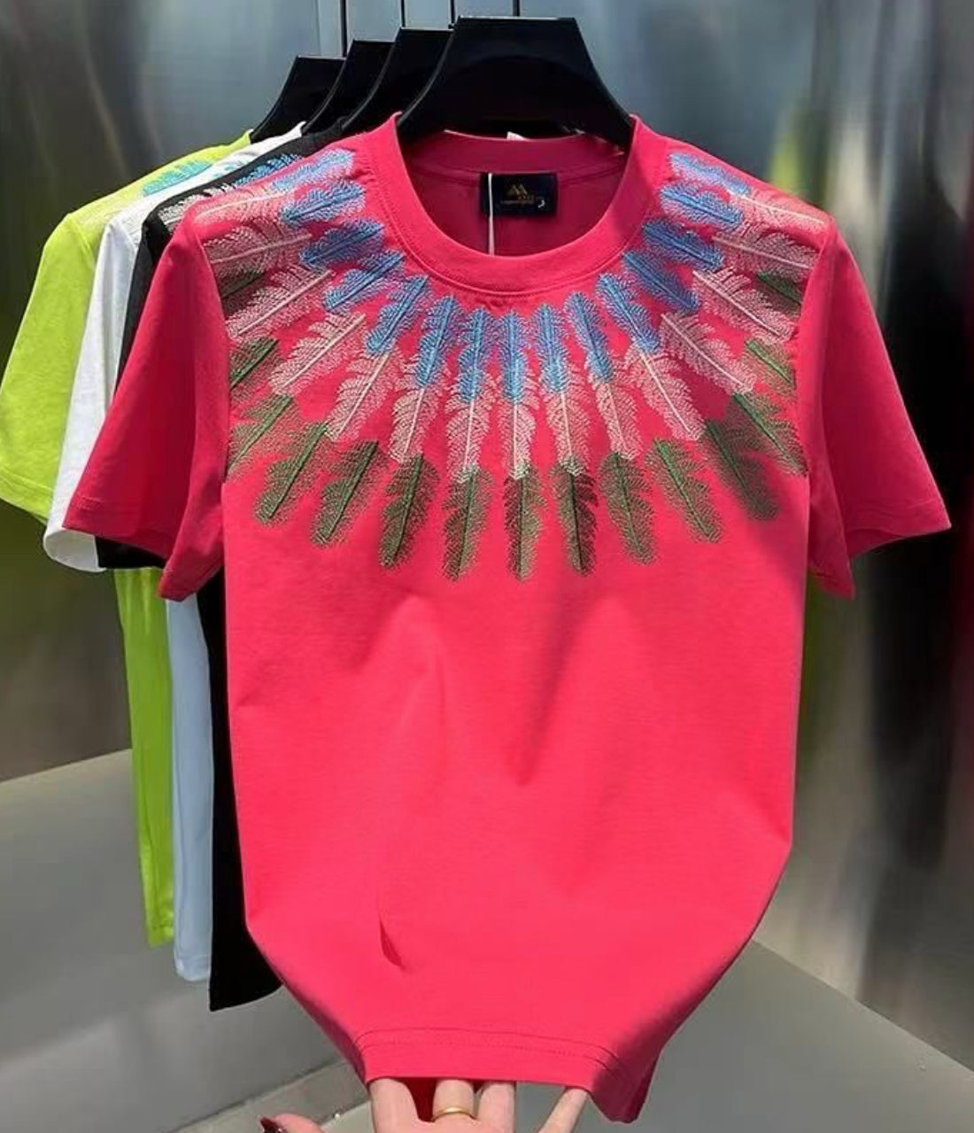 Luyimengkou Pink Colour Colour Leaves Print Imported T-Shirt 51019