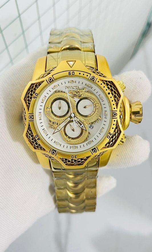 Vin INV Gold Chain Golden Ring White Golden Dial Heavy Man Watch 990426