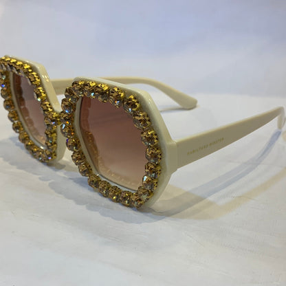 MAH Off White Frame Brown Shade Crystal Rhinestone Sunglass
