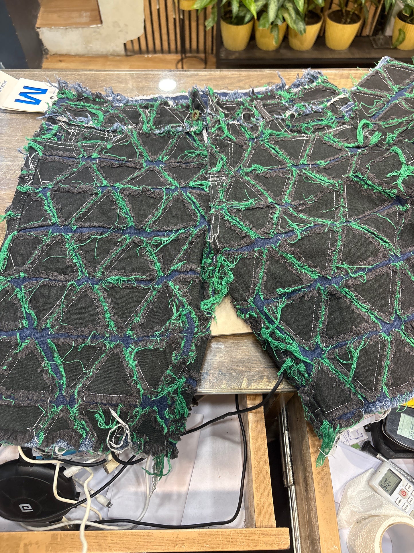 Mosasaur Black Green Triangle Thready Rugged Work Denim Shorts 989408