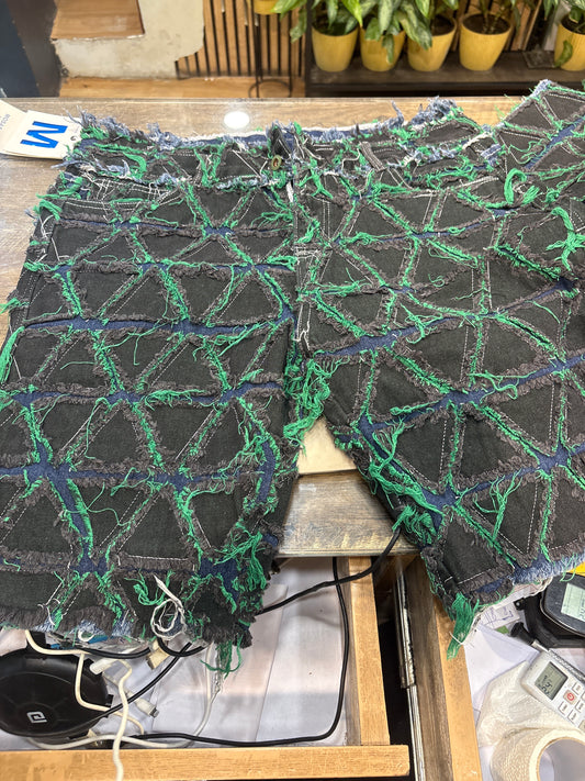Mosasaur Black Green Triangle Thready Rugged Work Denim Shorts 989408