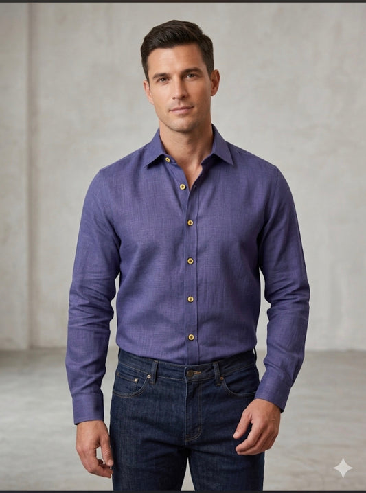 AQUARIUS Blue Colour Premium Quality Plain  Full Sleeve Linen Shirt 990840