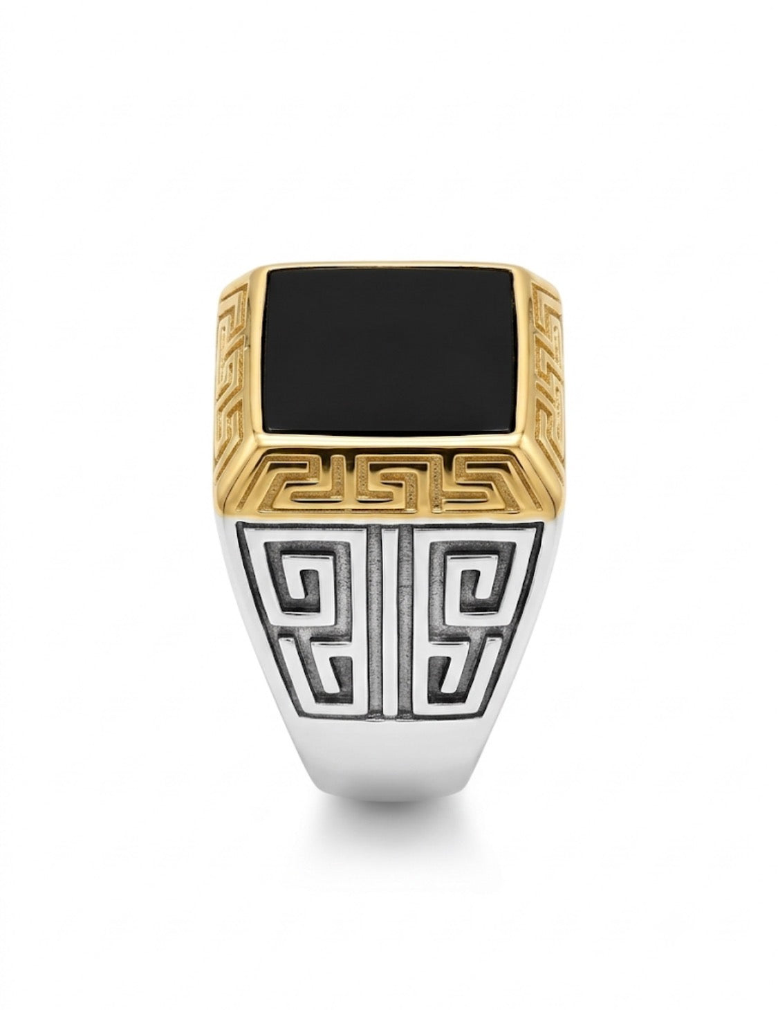 REV VER Golden Outline Black Stone Stylish Silver Ring for Men 991095