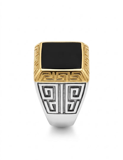 REV VER Golden Outline Black Stone Stylish Silver Ring for Men 991095