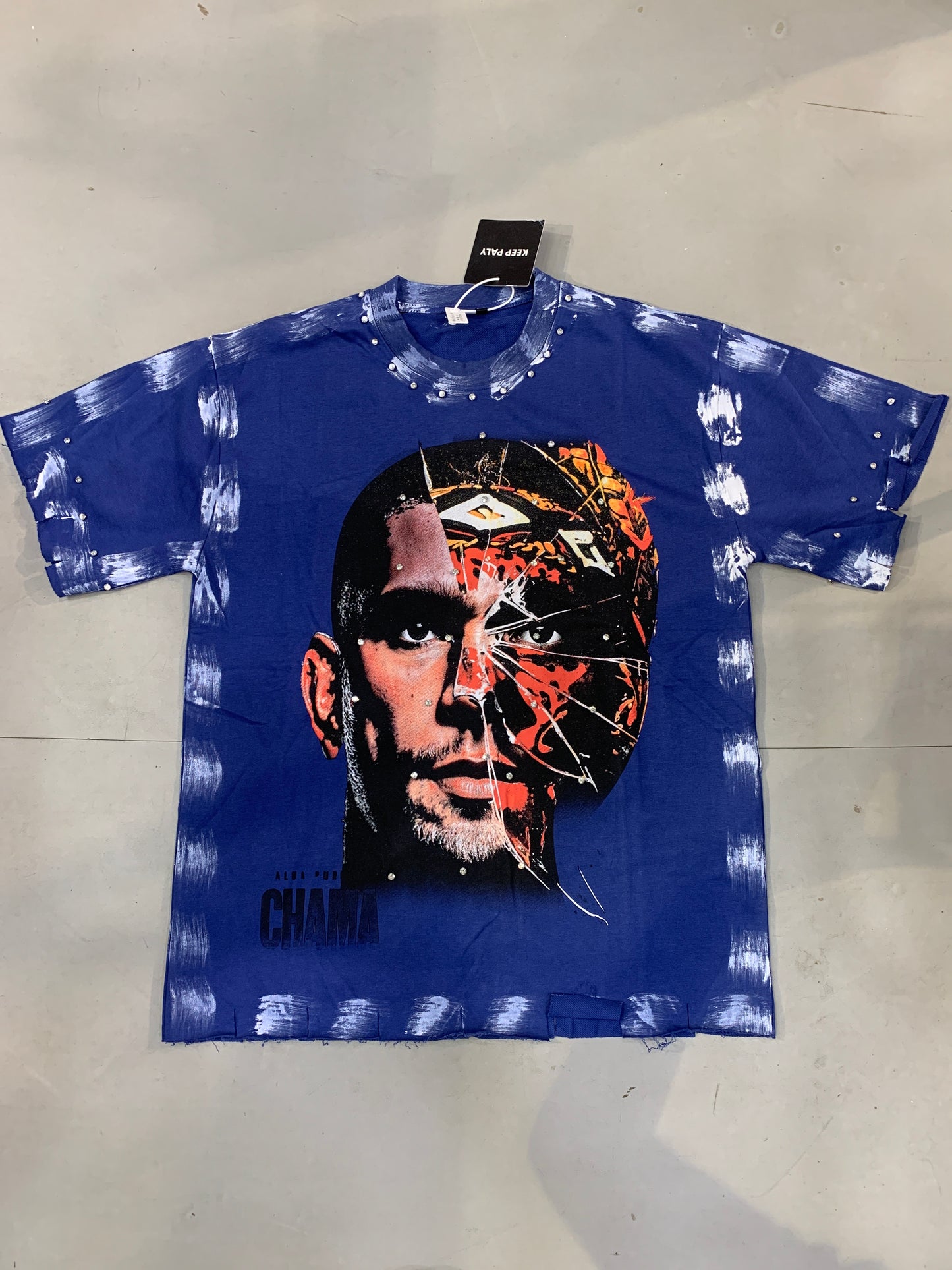 Keep Play Chama Blue Colour Face Print With Stone Studd Premium Quality Imported Oversized Unisex T Shirt 990377