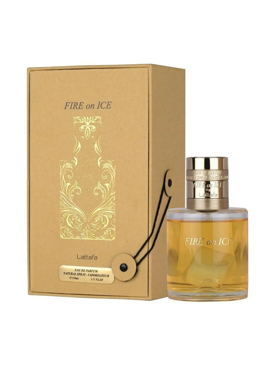 Lattafa Fire On Ice Eau de Parfum is a unisex luxury fragrance in a 110 ml (3.71 fl. oz.) bottle.