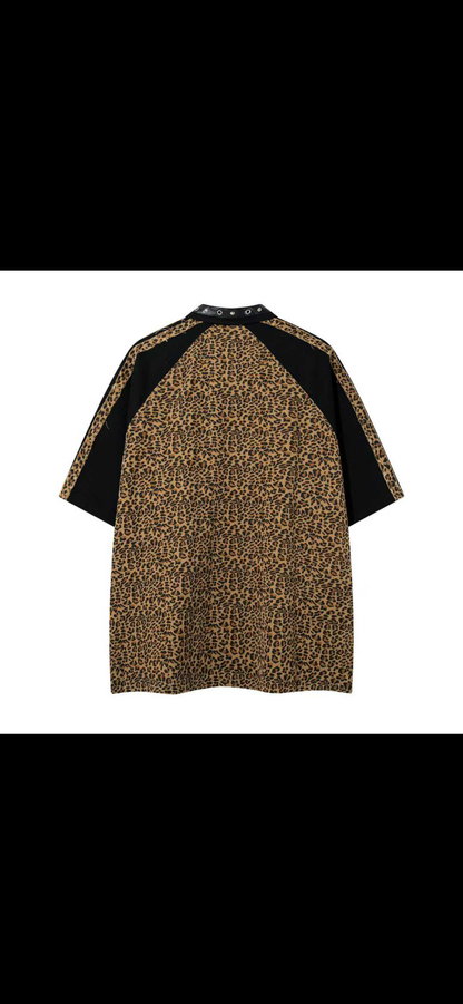M Four Brown Leopard Colour Front Dog Embroidery Black Half Sleeve Baggy Fit T-Shirt 26SS-069