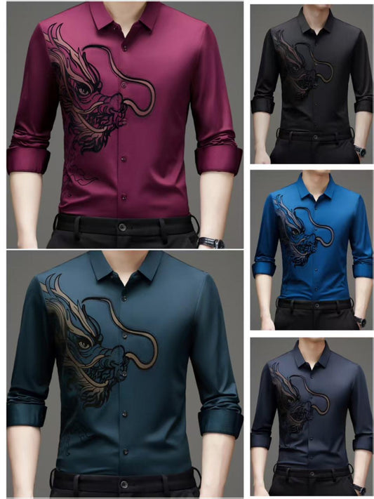 Black Dragon Stone Printed Full Sleeve Stichless Strachable Shirt 7530
