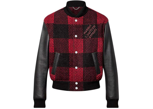 Uol Red Blue Orange Check Leather Sleeve Bomber Jacket 989769
