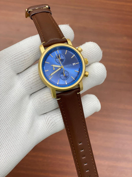 Sof Brown Strap Gold Layer Blue Dial All Chrono Working Men’s Watch 401509