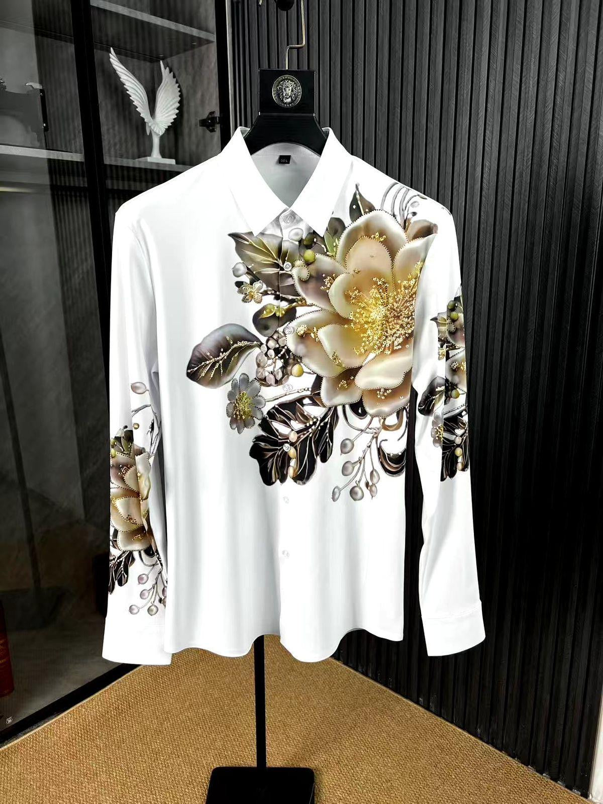 Modenggeda White Flower Colour Stone Print Full Sleeve Imported Shirt 72553