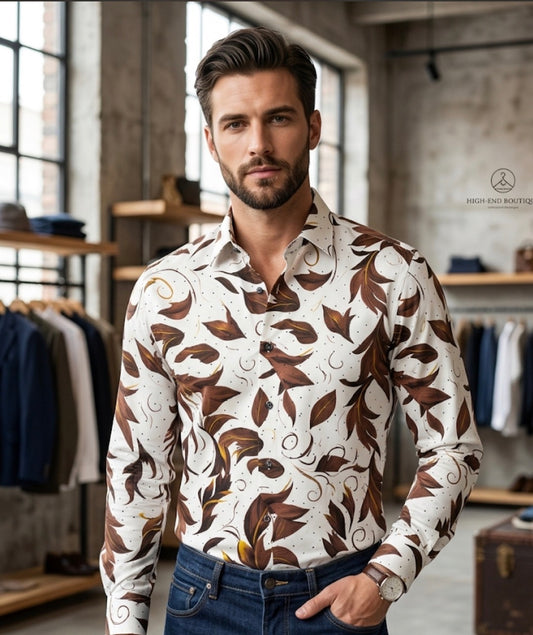 AQUARIUS White Colour  Brown Yellow Leaf Print Black Stud Premium Quality Full sleeve Shirt 990770