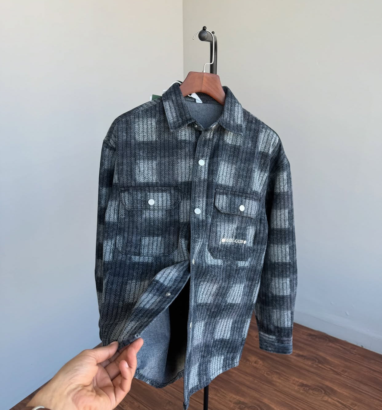 BUIE GUIE Blue Grey Check Premium Quality Imported Unisex Denim Jacket Shacket D660