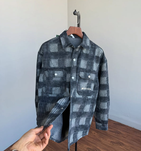 BUIE GUIE Blue Grey Check Premium Quality Imported Unisex Denim Jacket Shacket D660