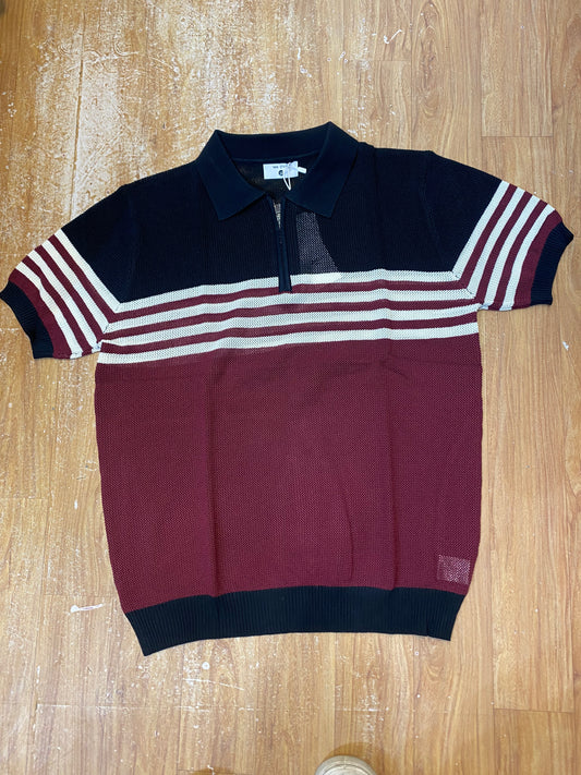 Men Stylish Black Dark Red Colour White Lining Half Zip Knitted Premium Quality Unisex Collar T-Shirt R86028
