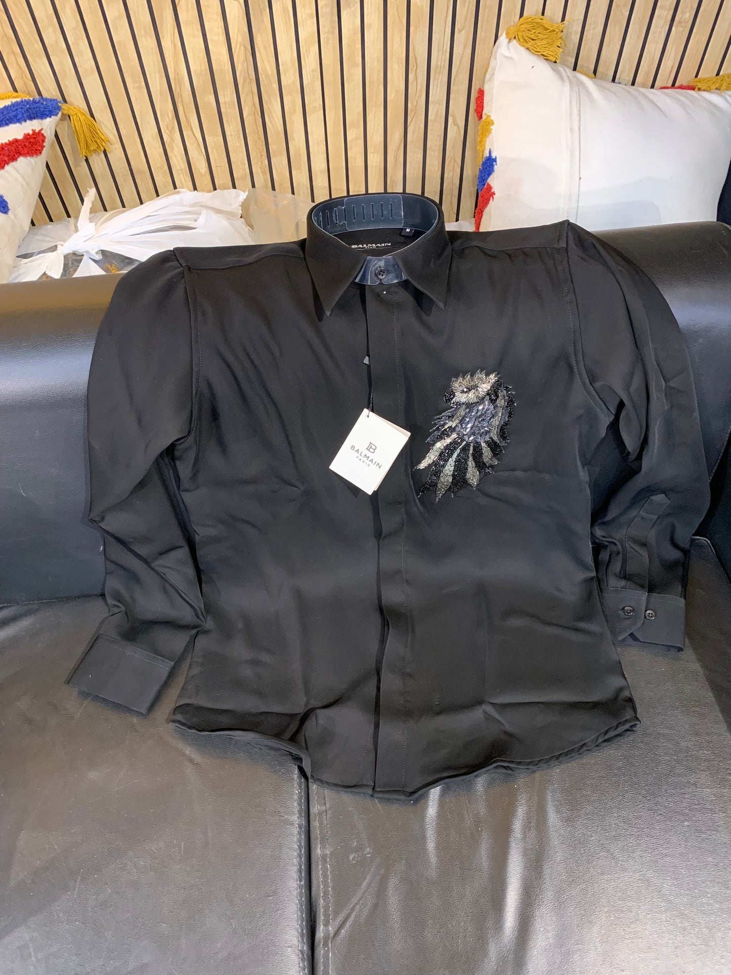 LAB BAL Black Colour Parrot Stone Handmade Work Premium Quality Japanese Fabric Men’s Shirt 990143
