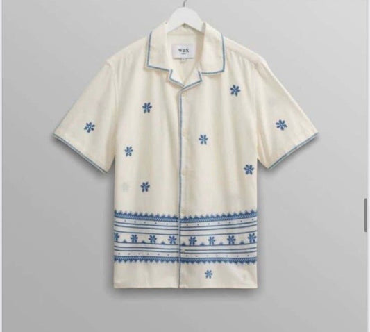 LDA Cream Colour Blue Flower Print Half Sleeve Men’s Shirt 989611