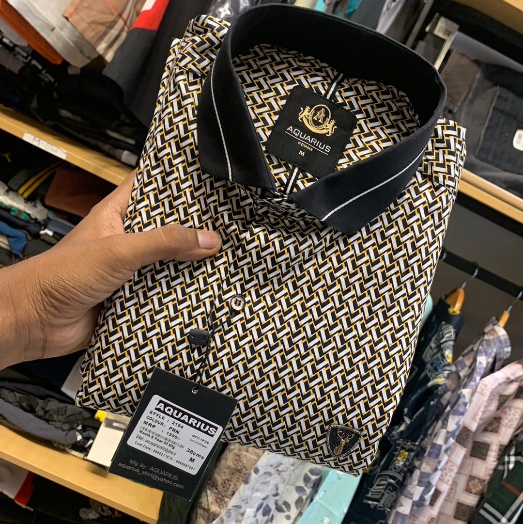 Aquarius Gold White Color With Line Print Premium Quality Shirt 2194