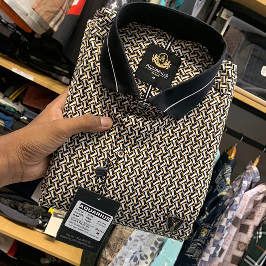 Aquarius Gold White Color With Line Print Premium Quality Shirt 2194