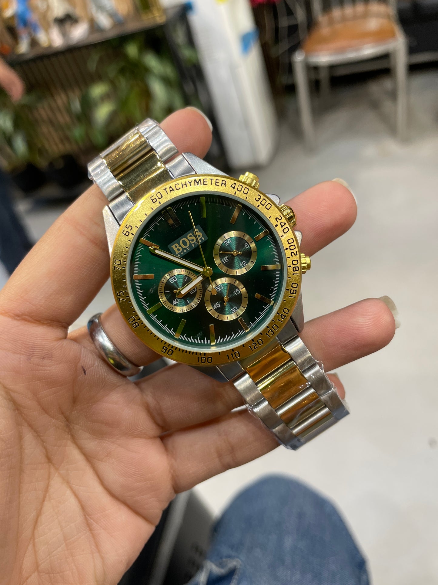 SOB BOS Green Dial Silver Gold Chain All Chrono Working Men’s Watch 990648