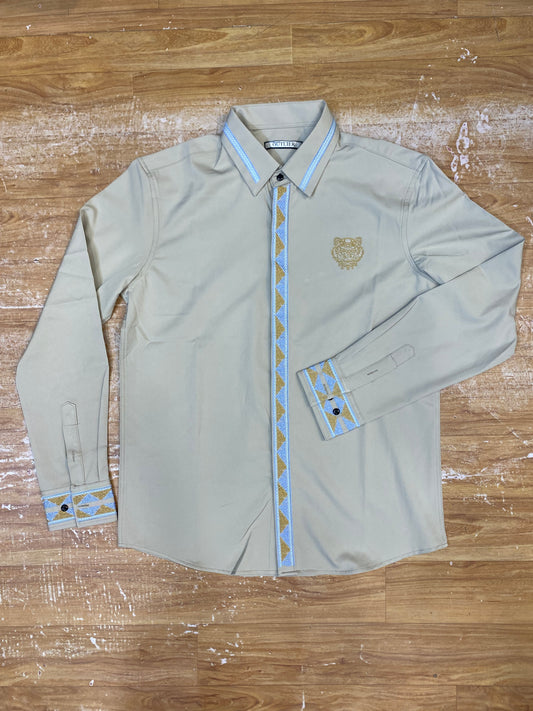 Outlier Cream Shirt Blue Flower Print Stripe Premium Quality Full Sleeve Shirt A1091
