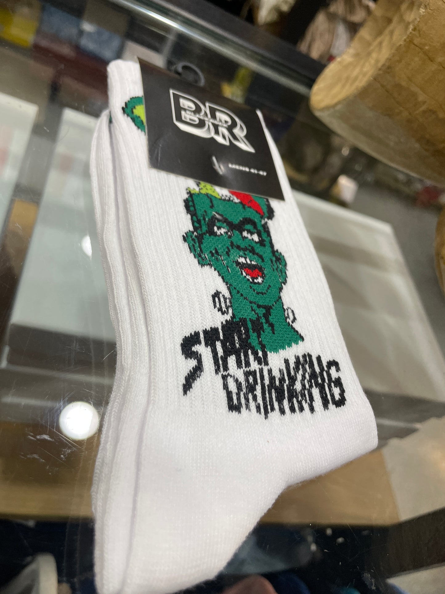BR White Colour Start Drinking Print Premium Quality Full Socks 990745