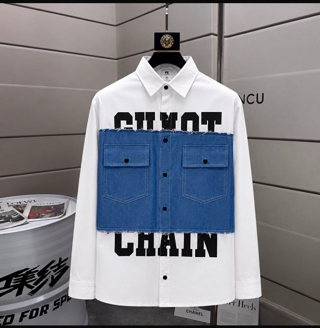 Gunot Fashion White Colour Blue Denim Black Print Front Pocket Full Sleeve Imported Men’s Shirt 2010