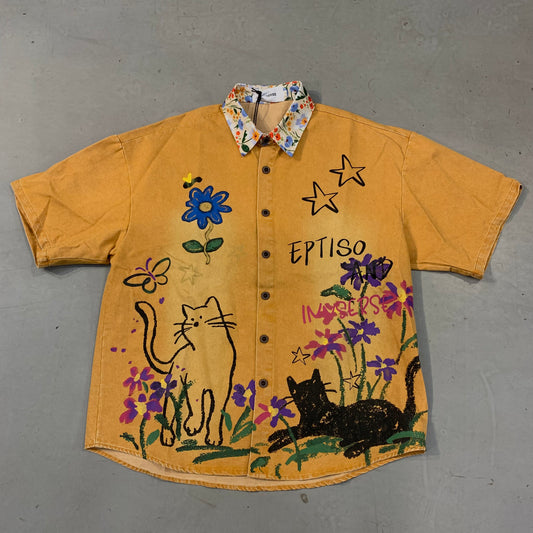 INNSERSE EPTISO AND INNSERSE Orange Colour Flower Print Coller Denim Unisex Shirt 5134