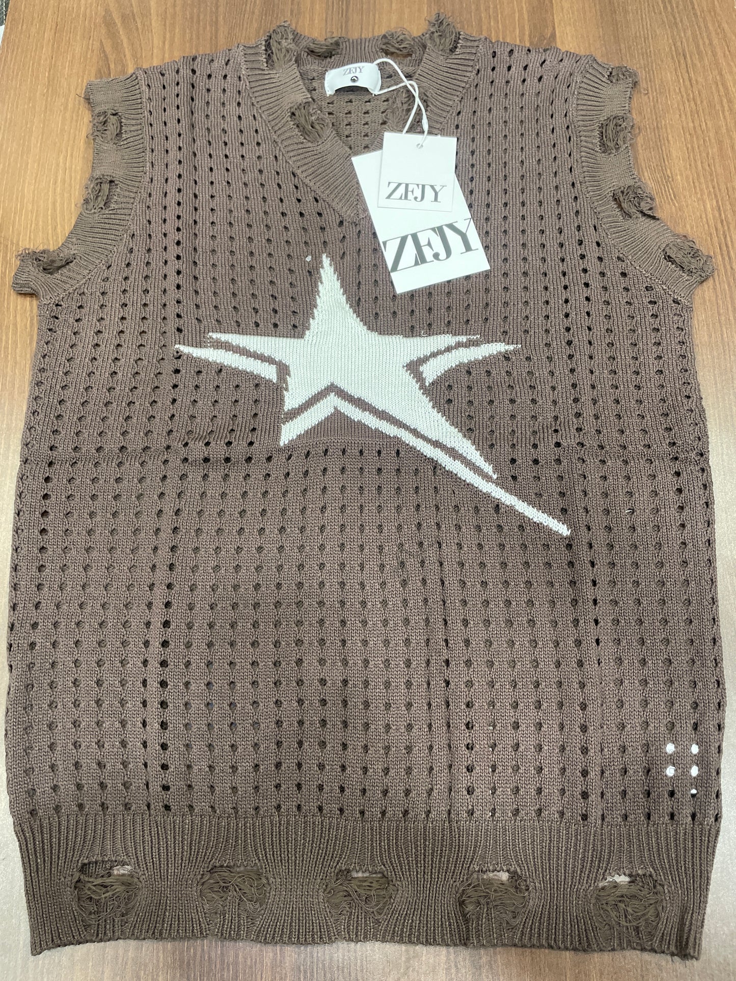 ZFJY Brown Colour White Star Print Rugged Style Knitted Premium Quality Tank Top 6301