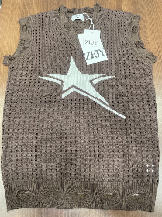 ZFJY Brown Colour White Star Print Rugged Style Knitted Premium Quality Tank Top 6301