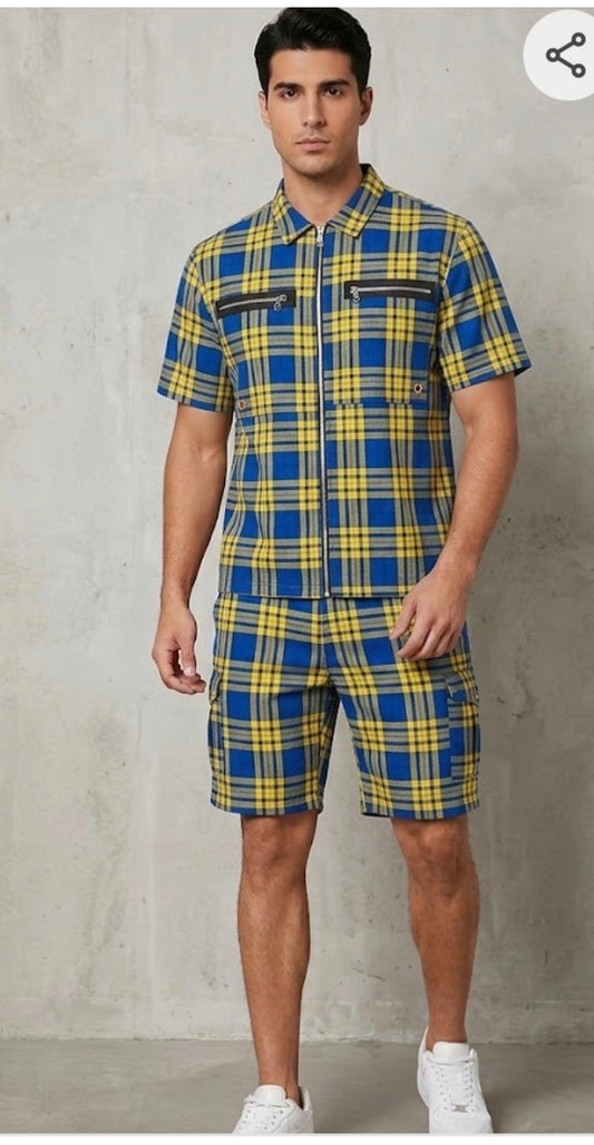 FASHION LINE yellow Blue Check With Zip Design Premium Quality Imported Unisex Coord Set 990700
