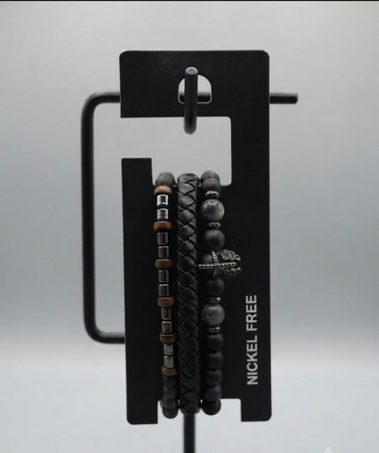 NICKEL FREE Black Colour Imported Unisex Leather Bracelet Pack of Three 25992