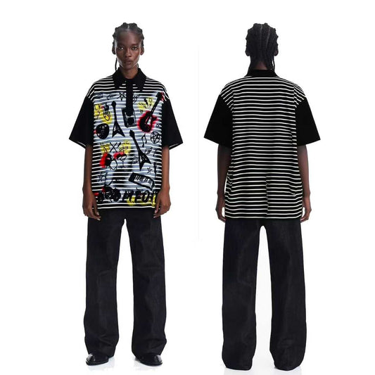 M Four Black White Stripe Yellow Red Colour Print Baggy Look T-Shirt 26SS-054