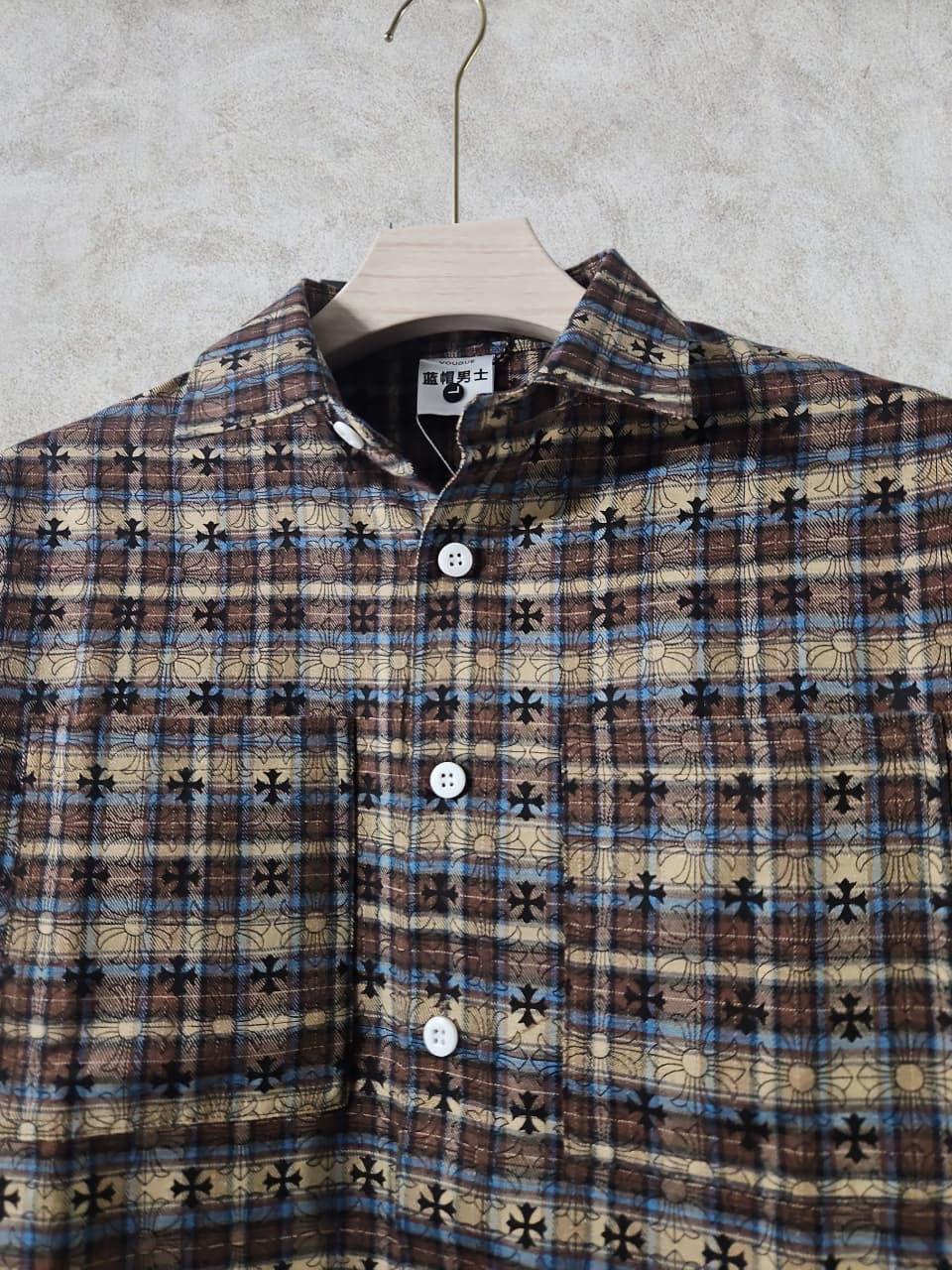 VOUGUE CHR Brown Beige Blue Check With Black Logo Print Premium Quality Men’s Shirt 990405
