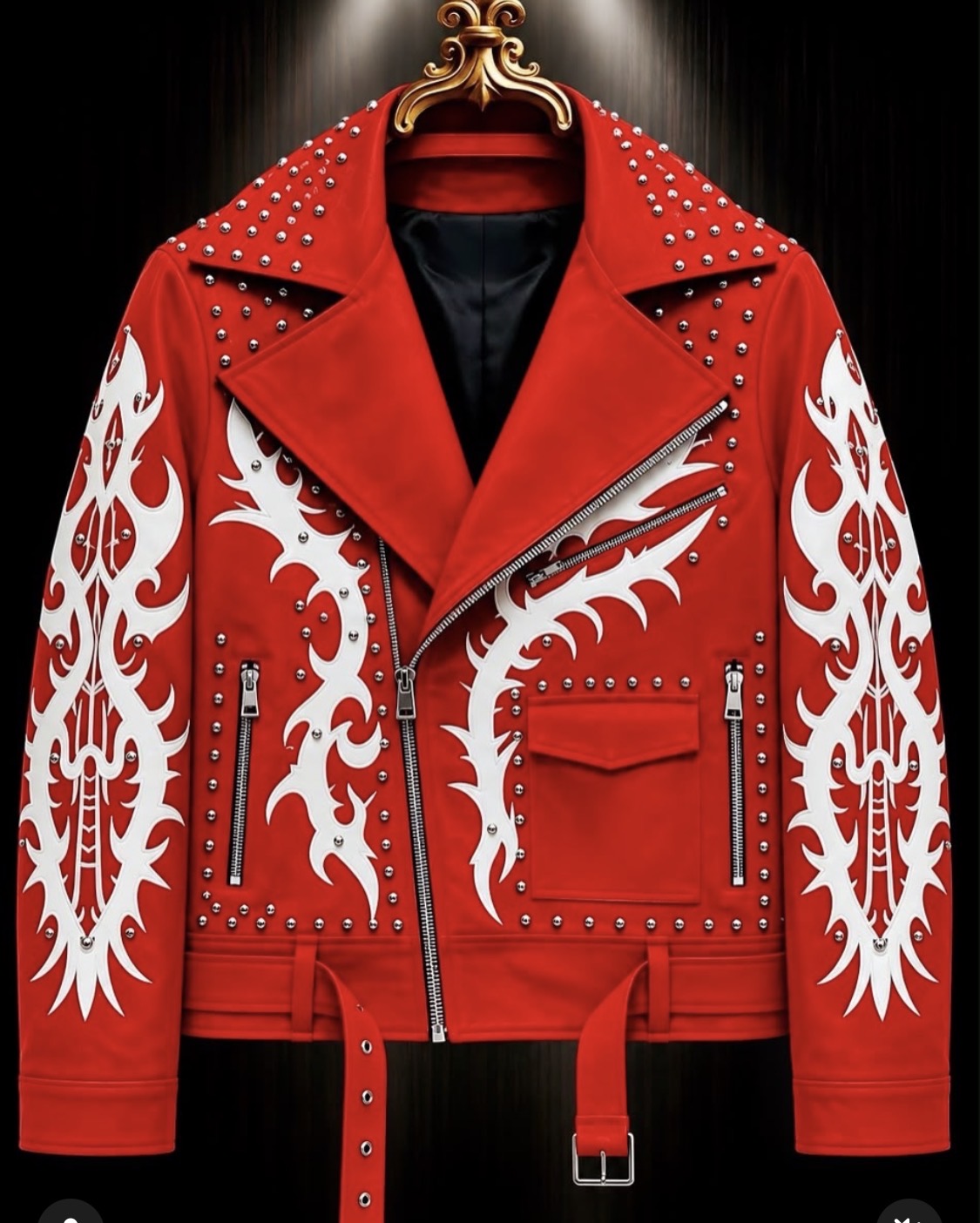 Hot Trousers Glossy Red Colour Stud White Embroidery Print Multy Zip Italian Leather  Imported Jacket 8606-7-A