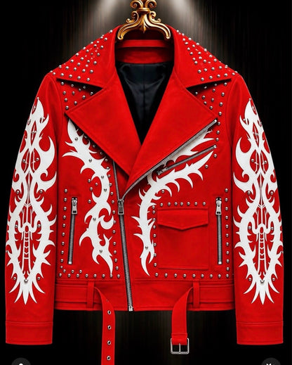 Hot Trousers Glossy Red Colour Stud White Embroidery Print Multy Zip Italian Leather  Imported Jacket 8606-7-A