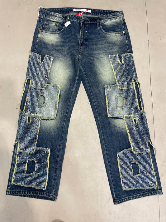DRAKON Blue Colour Greenish Shade Denim Patch Work Premium Quality Loose  Fit Imported Denim Jeans 5096-A