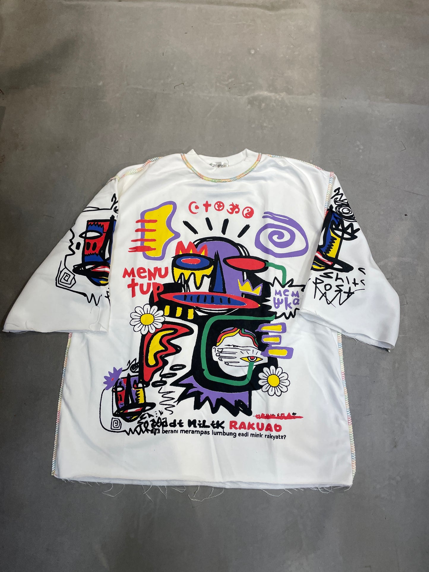 STUONER White Colour Menu Tup Multi Colour Cartoon Print Imported Oversized Unisex T Shirt 990861