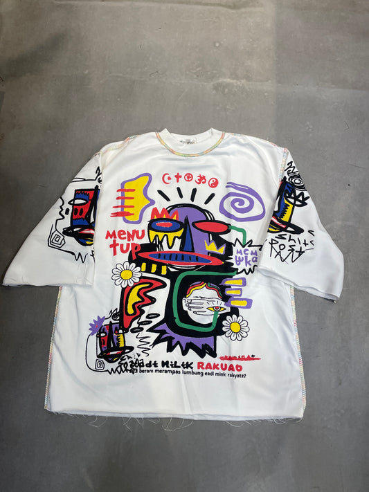 STUONER White Colour Menu Tup Multi Colour Cartoon Print Imported Oversized Unisex T Shirt 990861