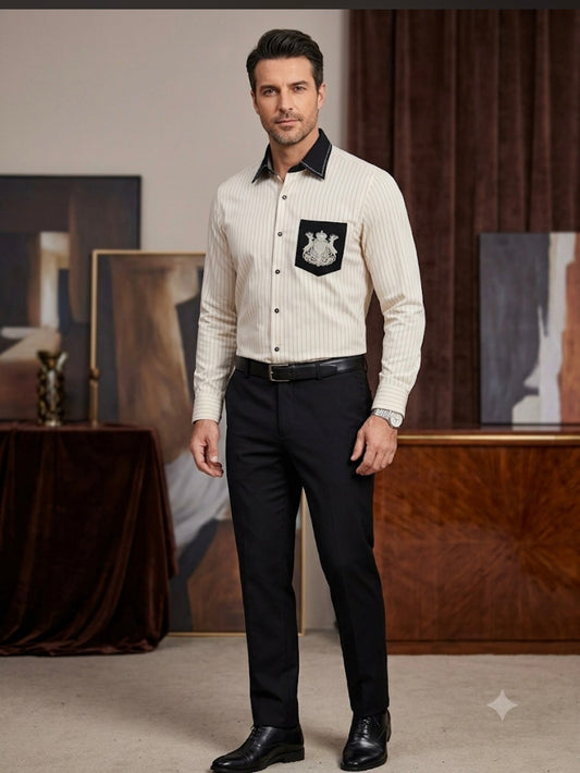 AQUARIUS Beige Colour Black Lining Premium Quality Full Sleeve Shirt 991417-A