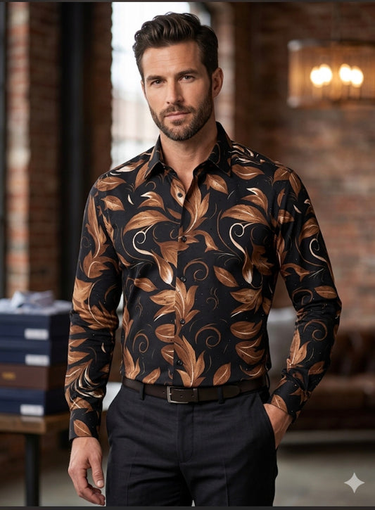 AQUARIUS Black Colour  Brown Cream Leaf Print Black Stud Premium Quality Full sleeve Shirt 990774
