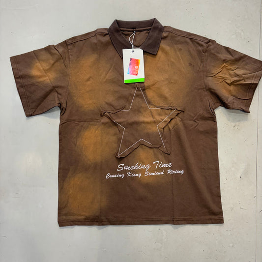 SMOKING TIME Brown Colour Star Patch Imported Oversized Unisex Coller TShirt 2516