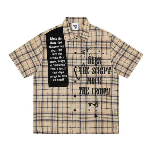 SAVAGE BASE BURN THE SCRIPT Beige Blue Check Rugged Style Half Sleeve Imported Unisex Shirt YR9367