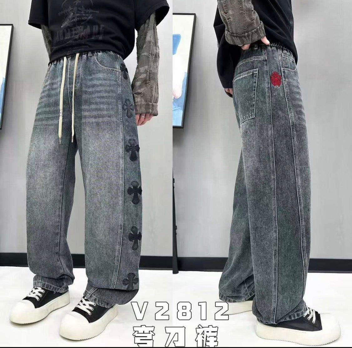 ZSCP Faded Blue Colour RHC CHR Leather Patch Denim Jogger Pant V2812