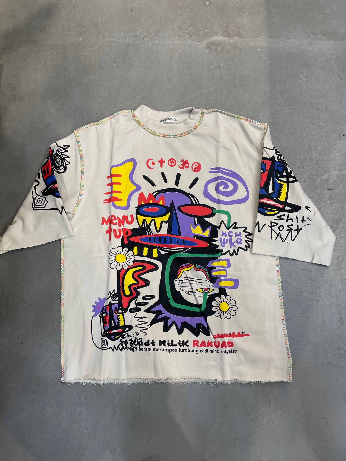 STUONER Grey Colour Menu Tup Multi Colour Cartoon Print Imported Oversized Unisex T Shirt 990860