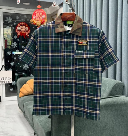 SAVAGE BASE ENDAROUND Patch Green Blue Check With Military Collar Half Sleeve Imported Unisex Shirt YR9360