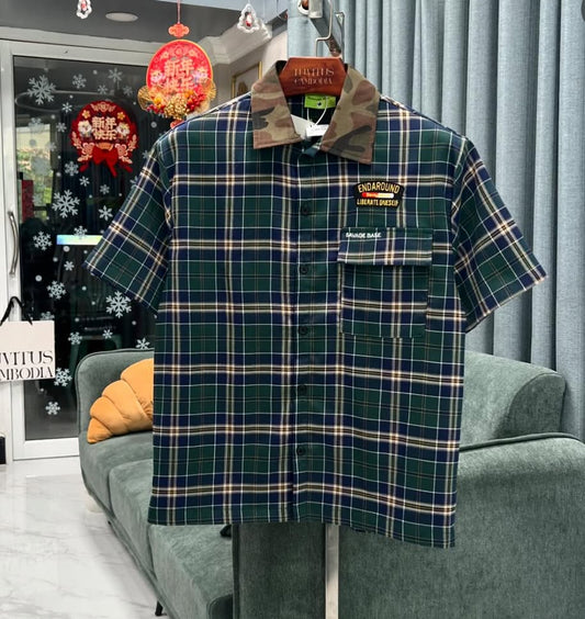 SAVAGE BASE ENDAROUND Patch Green Blue Check With Military Collar Half Sleeve Imported Unisex Shirt YR9360