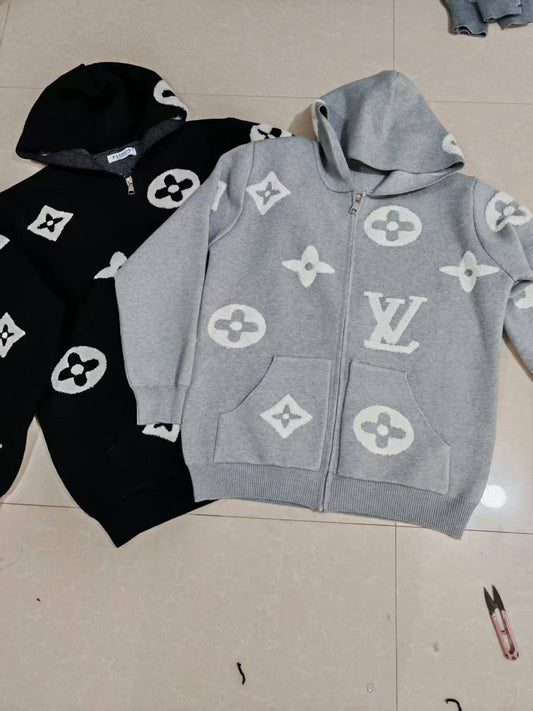 UOL LOU Knitted Black White Colour Premium Quality Unisex Hooded Jacket 9015
