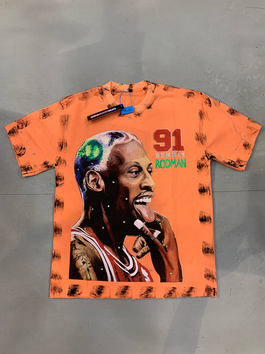 91 Dennis Rodman Orange Colour Face Print With Stone Studd Premium Quality Imported Oversized Unisex T Shirt 990376